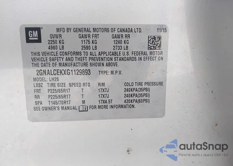 2016 Chevrolet Equinox Lt из США, поврежденный, VIN 2GNALCEKXG1129893